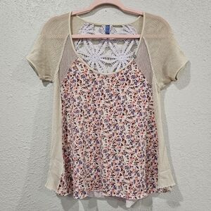 Free People Cream and Pink Floral Lace Blouse